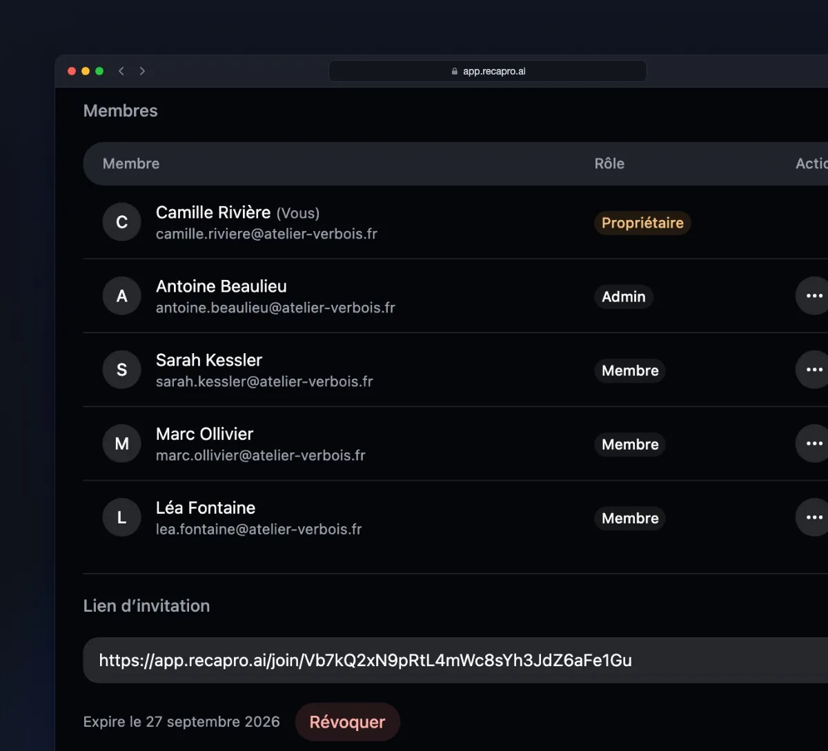 Organisation settings: the member list and an invitation link ready to copy