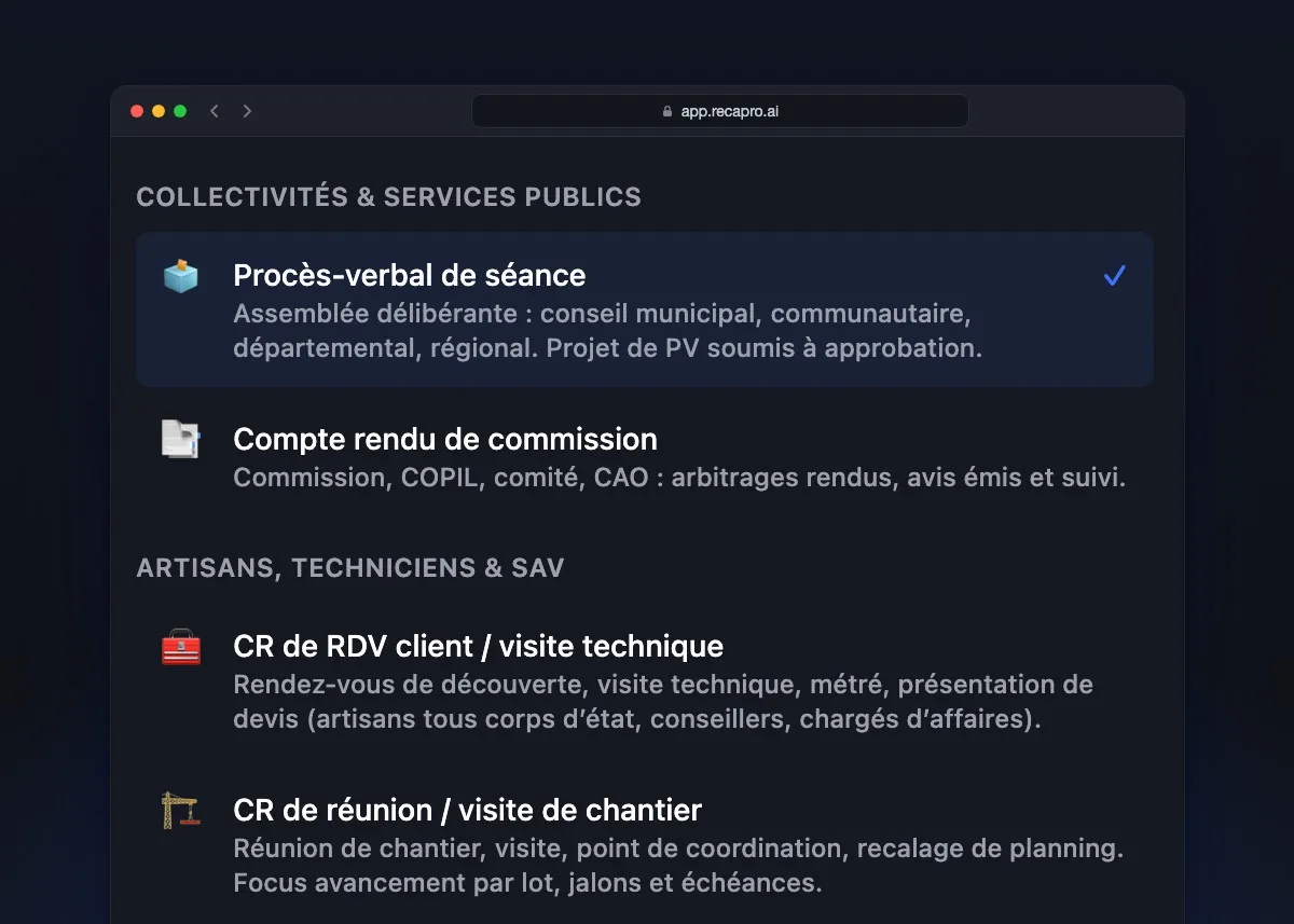 The summary format picker, with the Local authorities and public services and Craftspeople, technicians and after-sales families