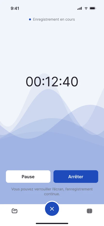 Upcoming screen: a recording in progress, with the timer and the Pause and Stop buttons