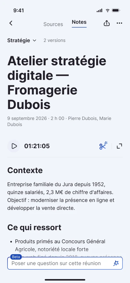 Preview of the upcoming Recapro mobile app: a meeting summary open on the Notes tab
