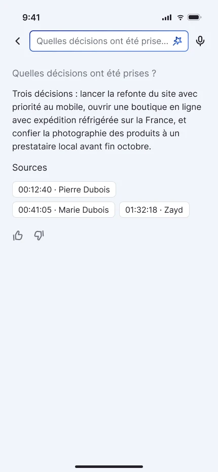 Upcoming screen: a question asked to a meeting, the answer and the passages cited as sources
